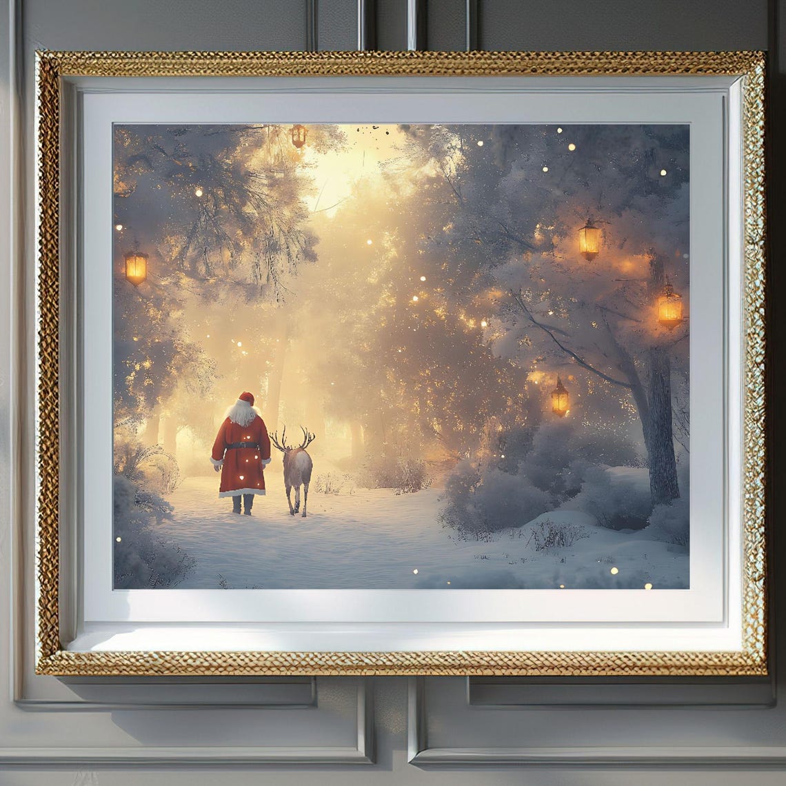 Santa Claus Walking With Reindeer Snowy Forest Lanterns Poster