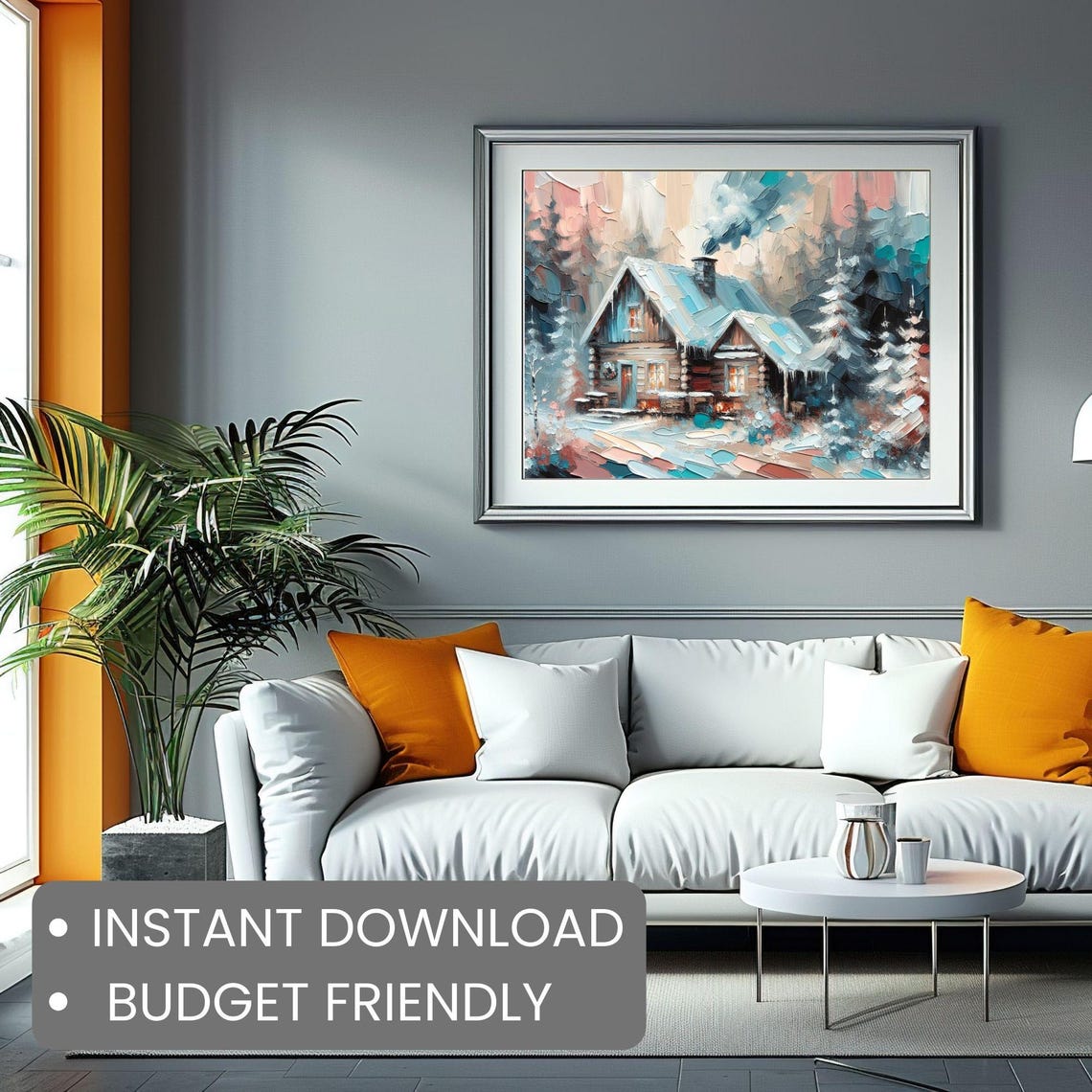 Cozy Rustic Cabin In Winter Snow Glowing Windows Icicles Wall Art - Image 2
