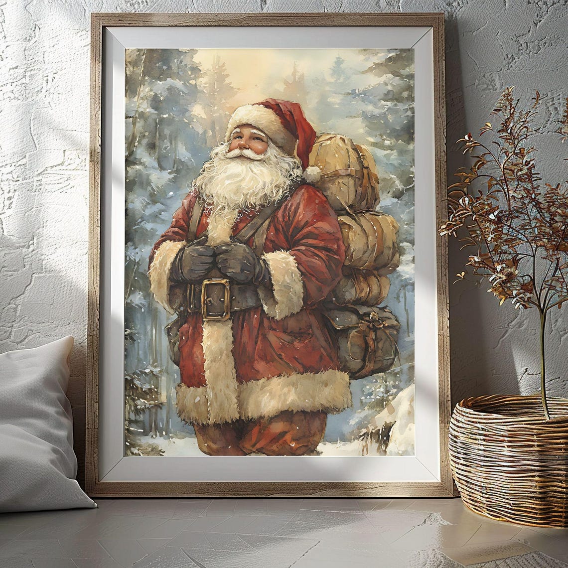 Santa Claus Gift Backpack Snowy Forest Trail Christmas Poster
