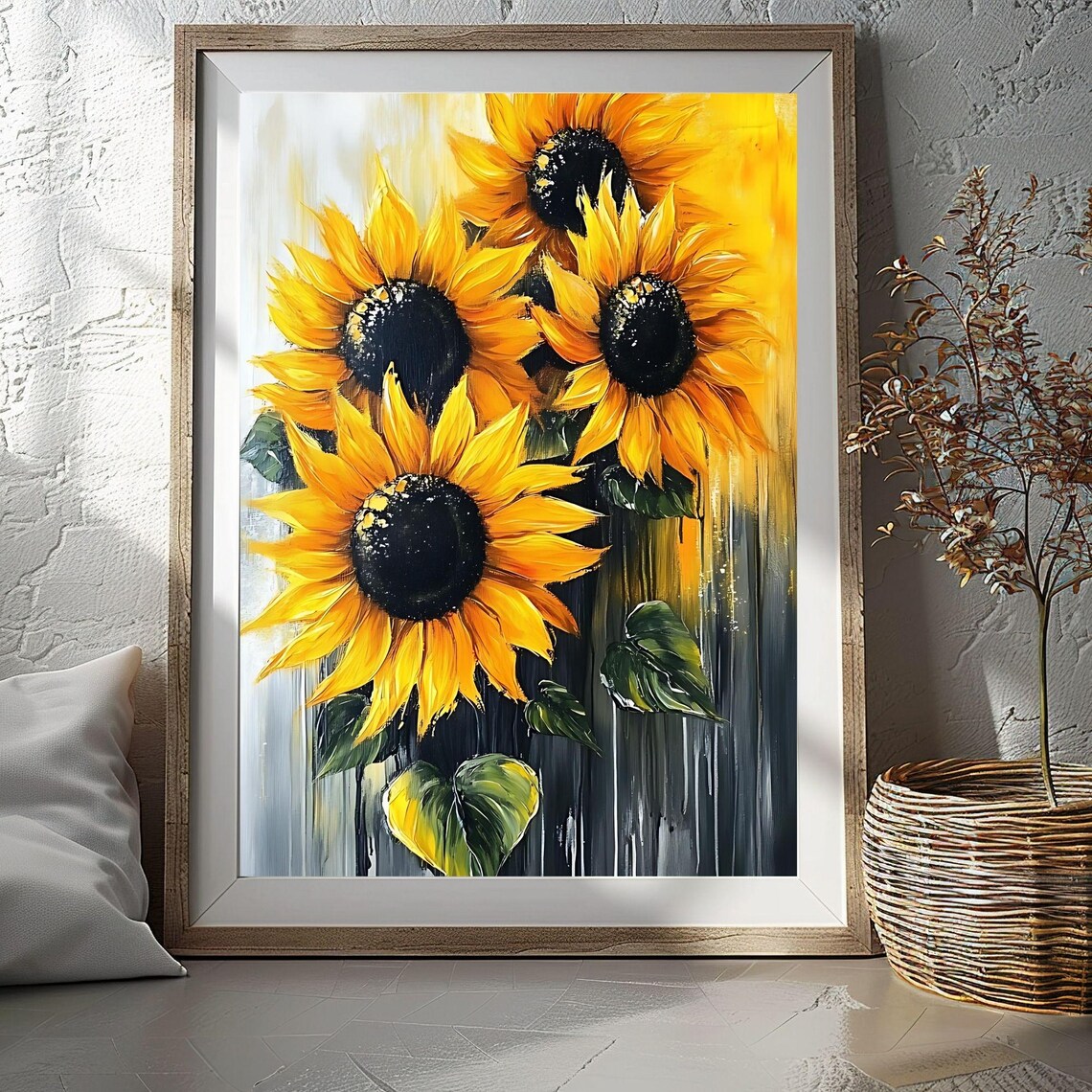 Yellow Sunflowers on Gray Textured Background Floral Oil Poster
