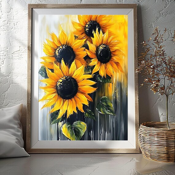 Yellow Sunflowers on Gray Textured Background Floral Oil Poster