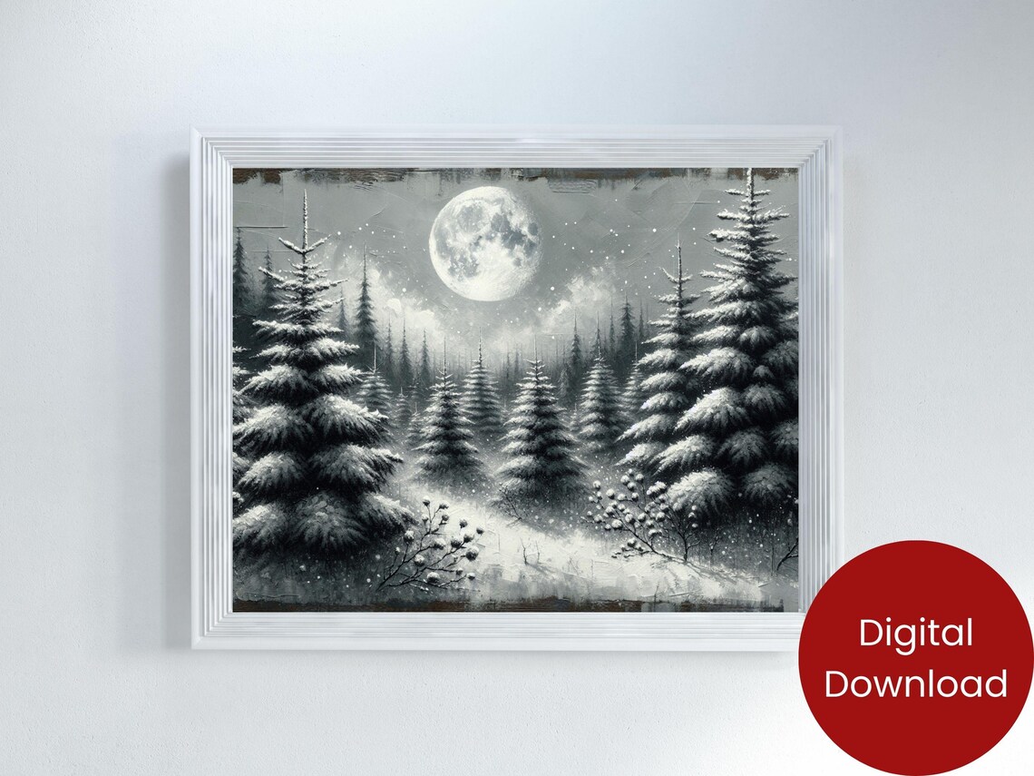 Full Moon Snowy Pine Forest Night Black White Winter Art Poster - Image 2