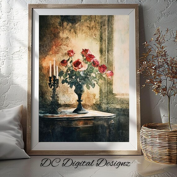 Moody Vintage Red Roses in Dark Vase Watercolor Still Life Poster