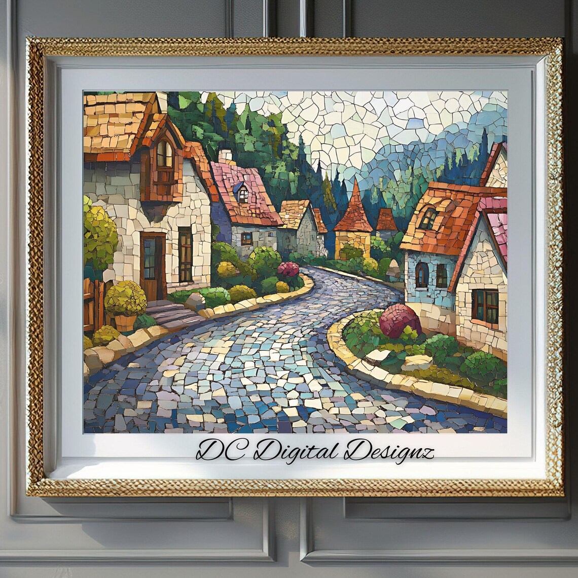 Cobblestone Road Village Mosaic, Rustic Decor Art Print