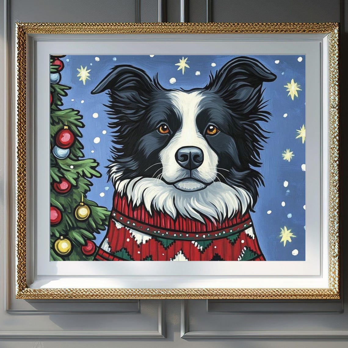 Border Collie Christmas Sweater Snowy Starry Night Holiday Poster