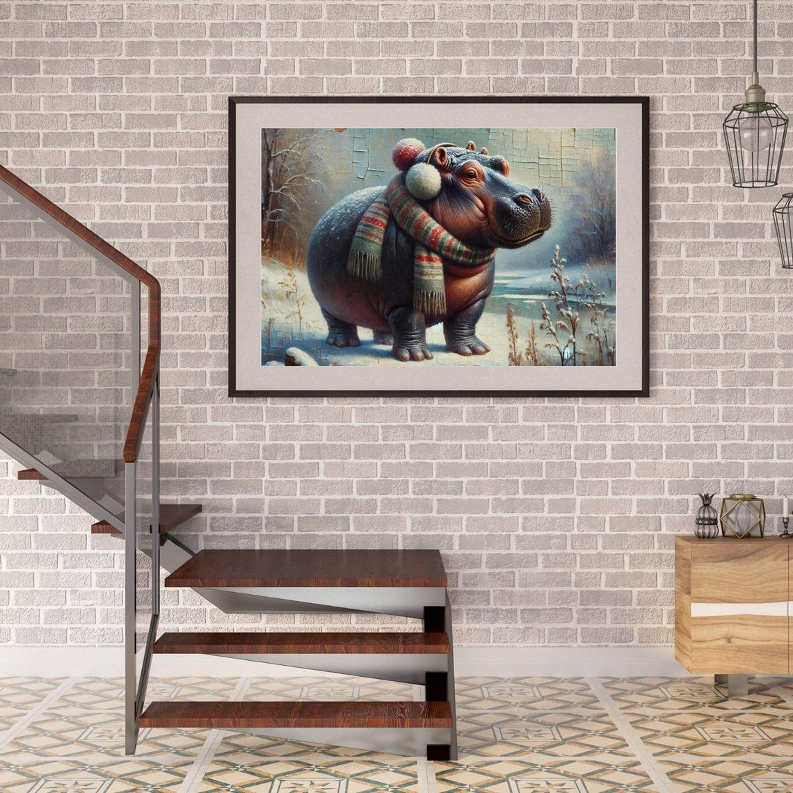 Cute Hippo Winter Earmuffs Scarf Snowy Day Whimsical Animal Poster - Image 2