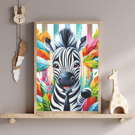 Colorful Pop Art Zebra Tropical Leaves Bold Modern Nursery Poster