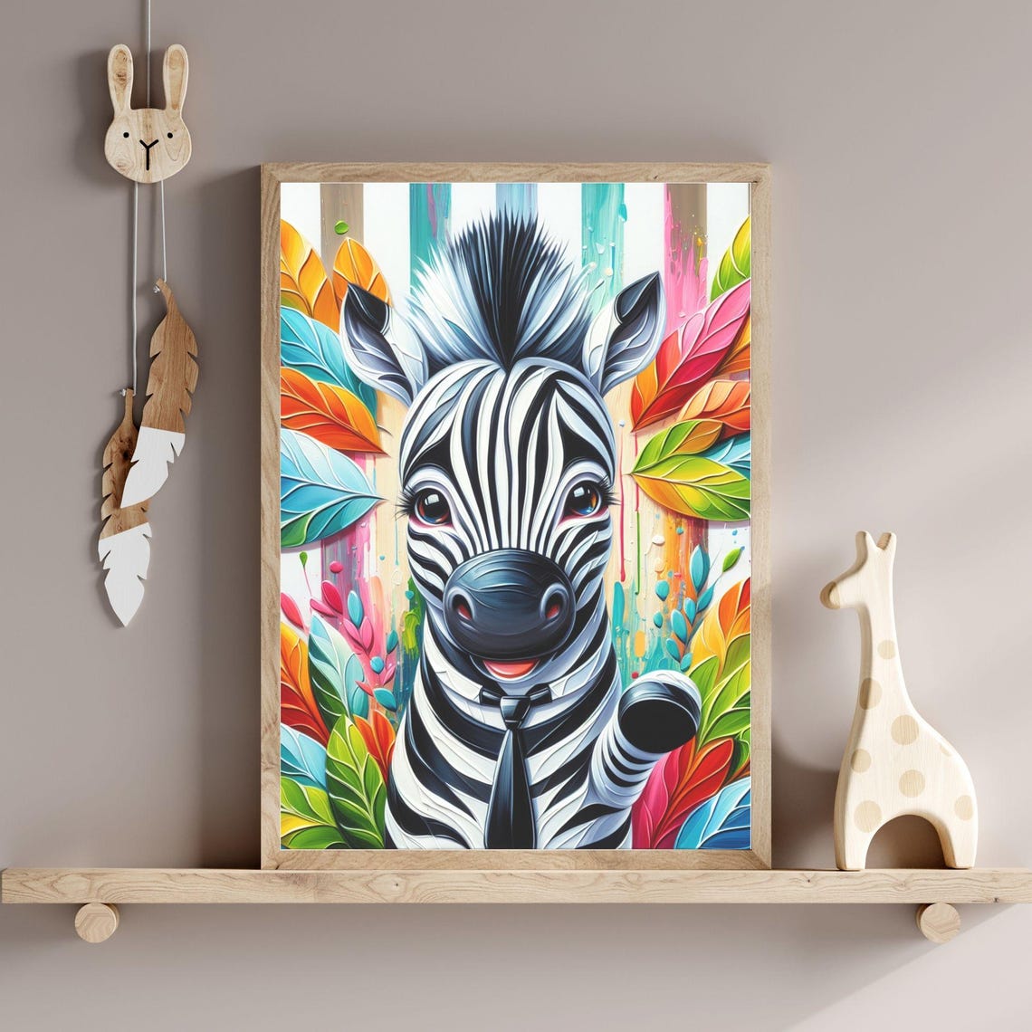 Colorful Pop Art Zebra Tropical Leaves Bold Modern Nursery Poster