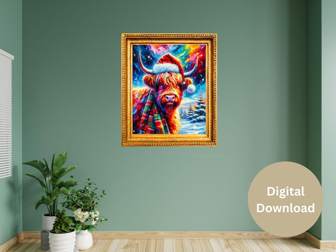 Highland Cow In Santa Hat Colorful Impasto Christmas Farm Poster - Image 2