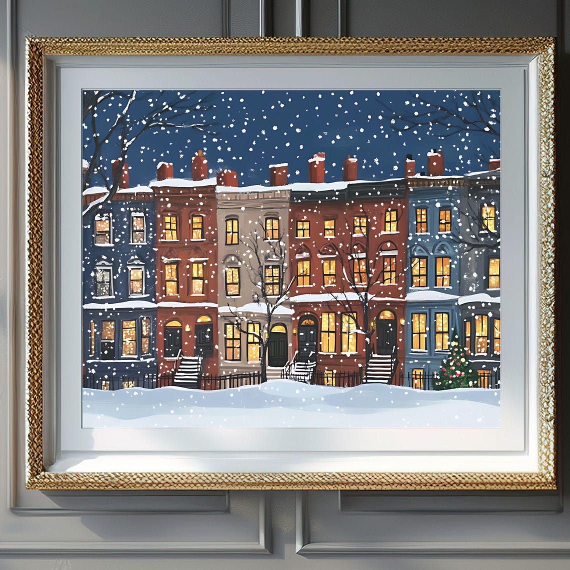 Chicago Brownstone Winter Night Snow Glowing Windows Art Poster