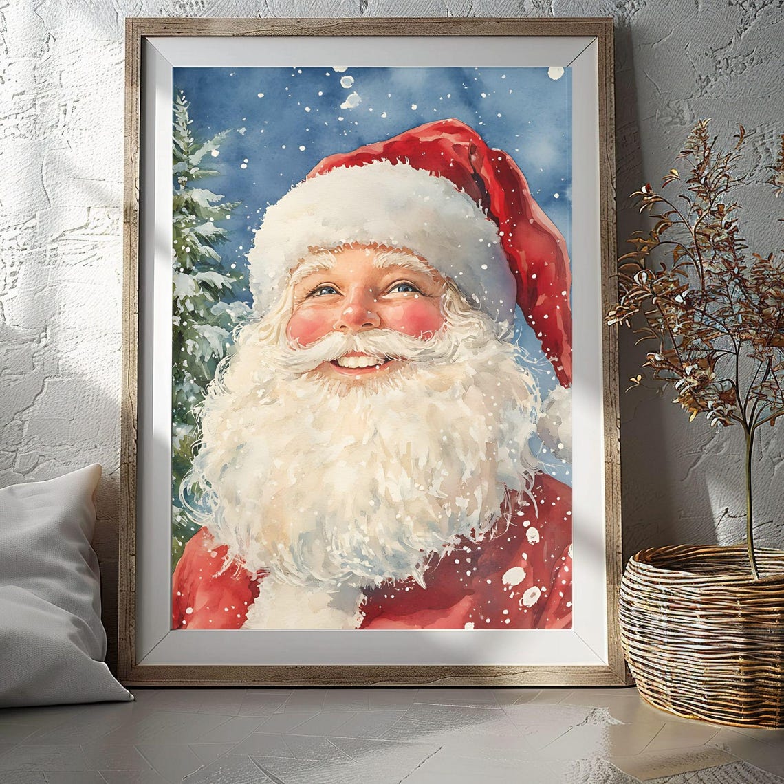 Cheerful Santa Claus Watercolor Portrait Snowy Blue Sky Poster