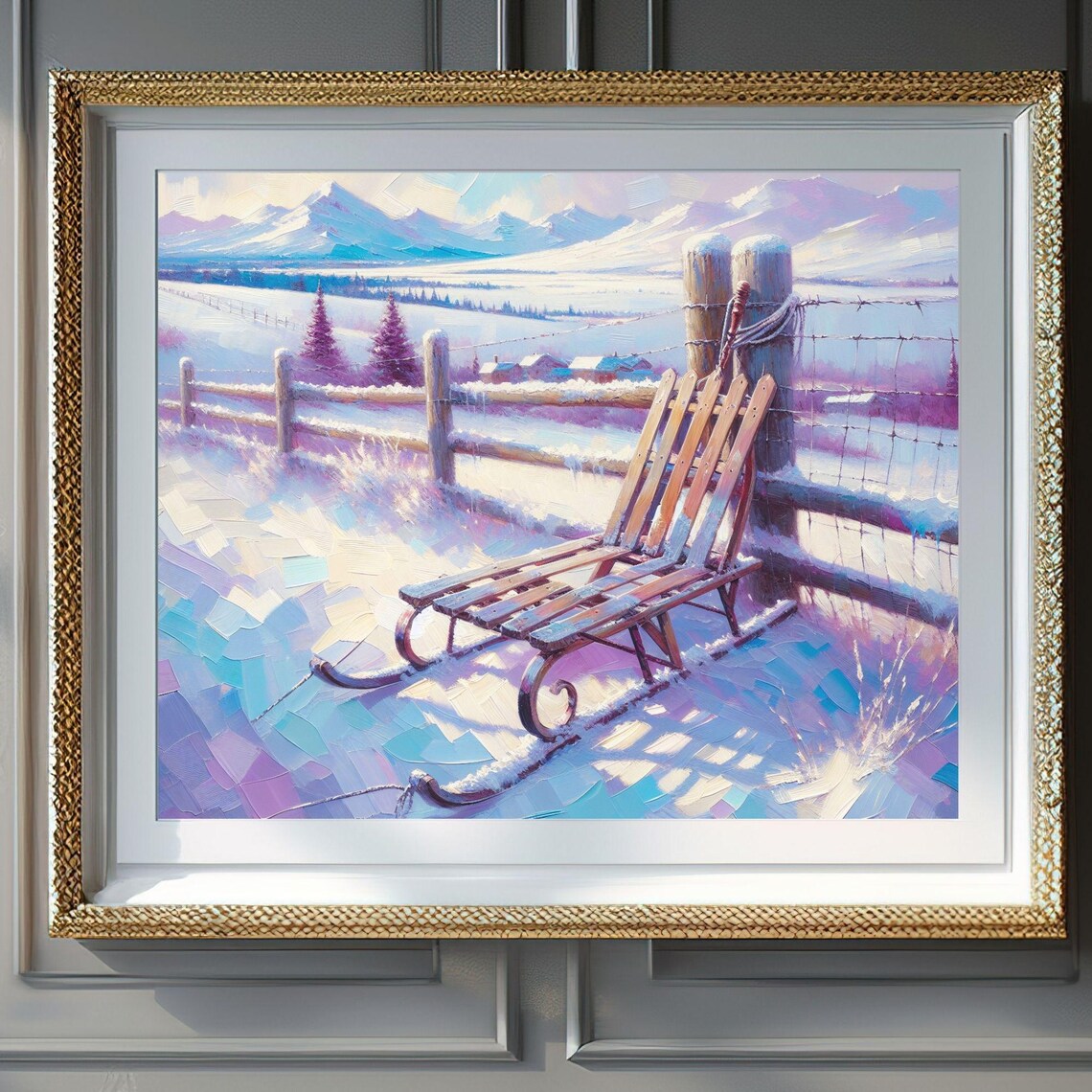 Vintage Wooden Sled Resting On Snowy Farm Fence Winter Wall Art