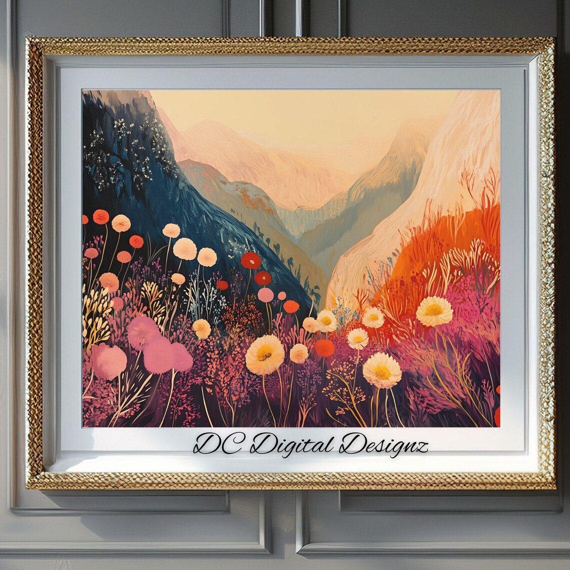 Whimsical Wildflower Valley with Stylized Mountains Colorful Art Poster