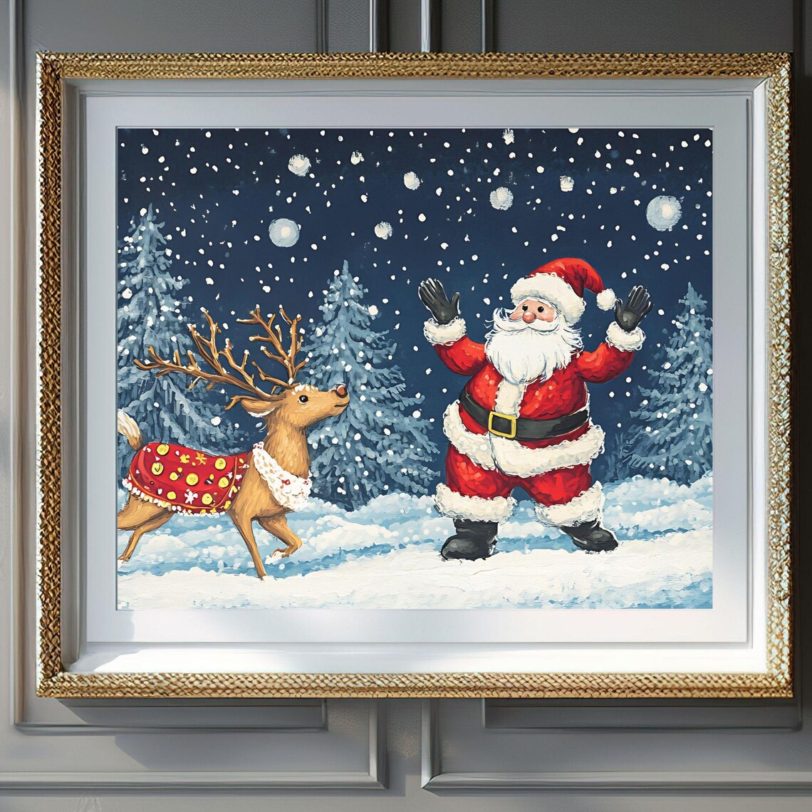 Santa Claus Reindeer Snowy Night Winter Wonderland Art Poster