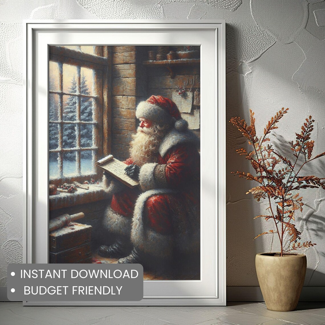 Santa Claus Reading His Christmas List Frosty Window Winter Poster - Image 2