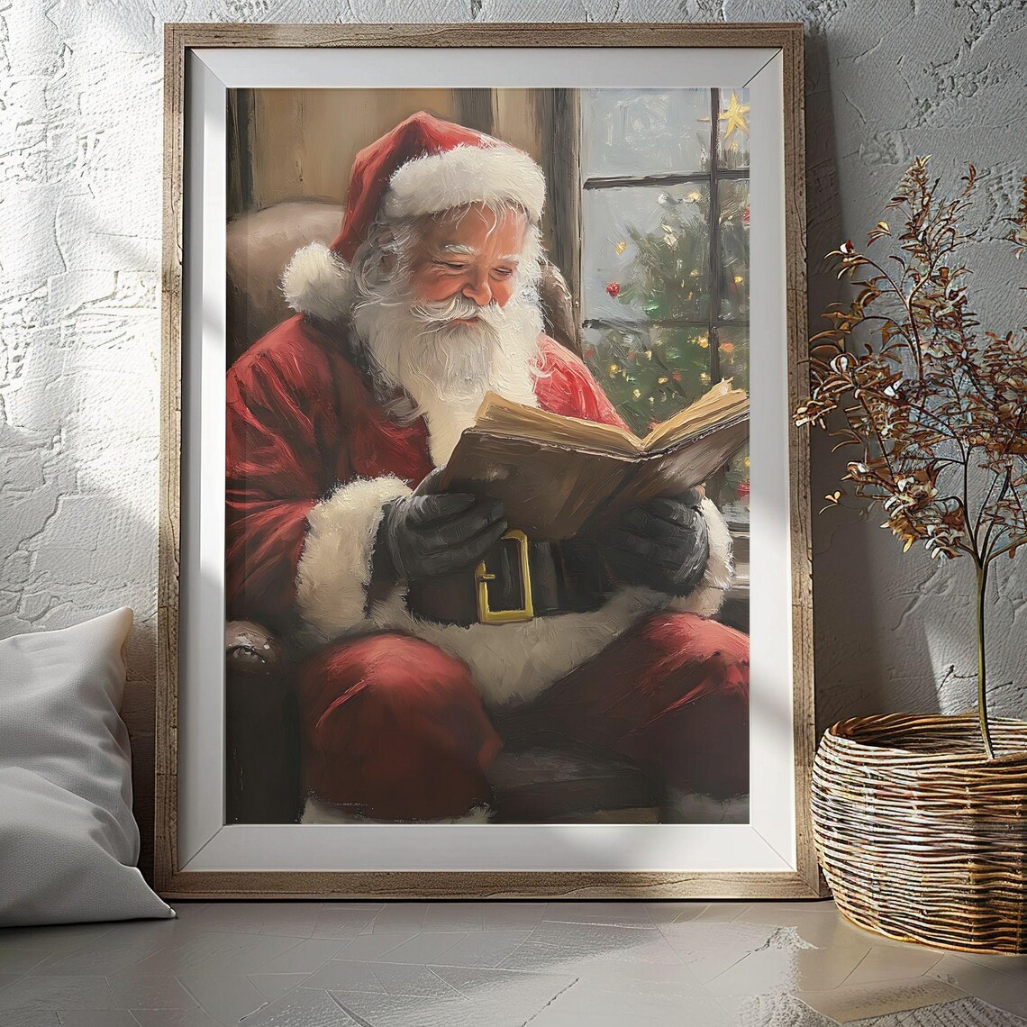 Santa Claus Reading Christmas Story Book Vintage Oil Painting Poster