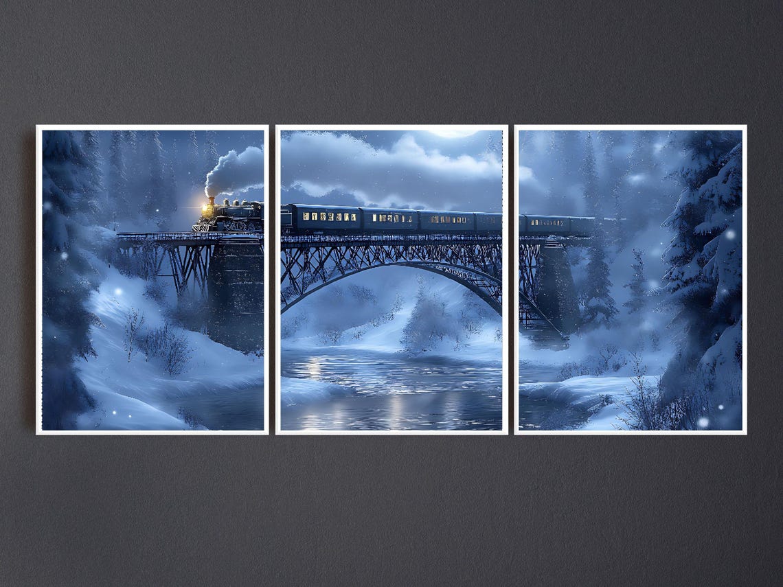 Winter Night Train Crossing Snowy Bridge Three Panel Set Poster
