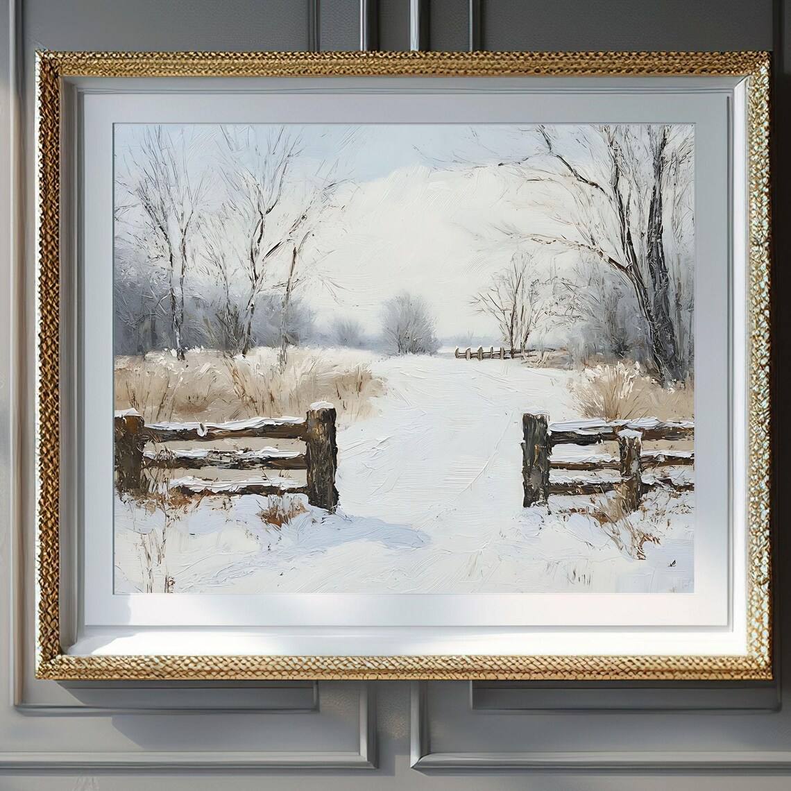 Snowy Wooden Fence Path Winter Landscape Oil Painting Farm Gate Scene Poster