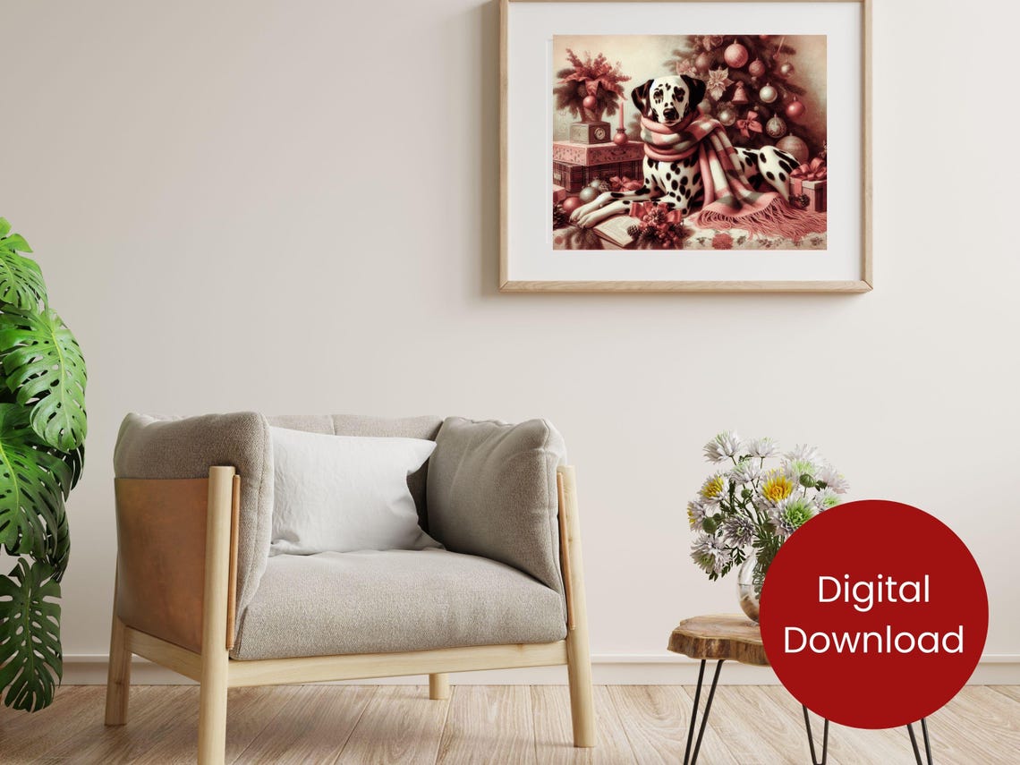 Dalmatian In Plaid Scarf Vintage Christmas Tree Holiday Poster - Image 2