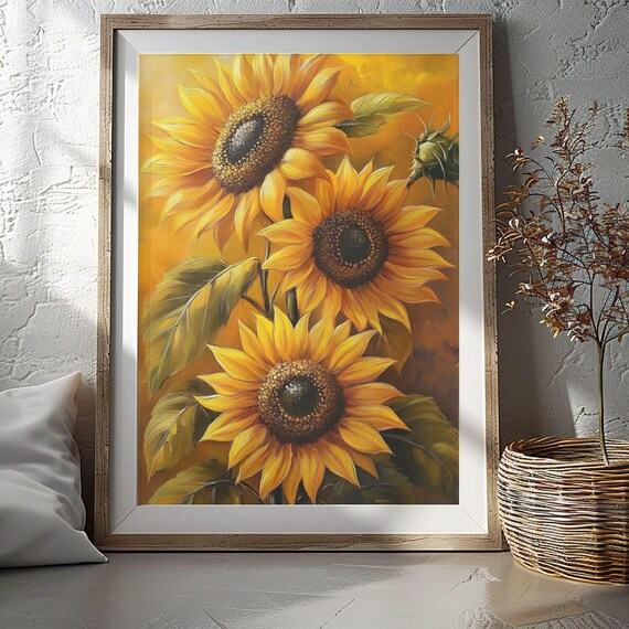 Golden Sunflowers Trio Oil Painting Warm Autumn Floral Poster