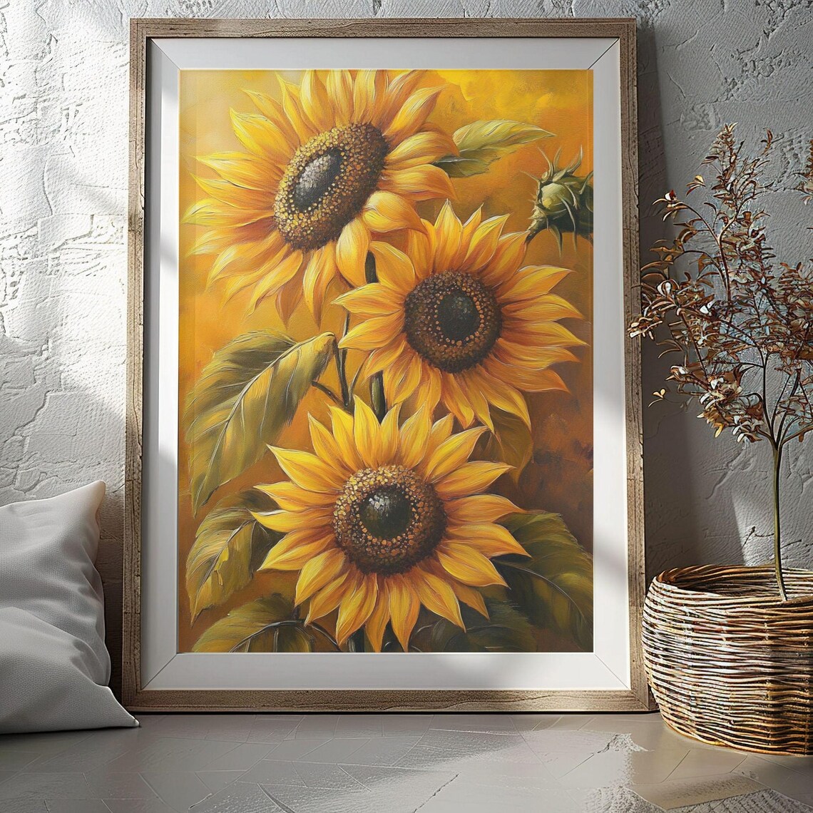 Golden Sunflowers Trio Oil Painting Warm Autumn Floral Poster
