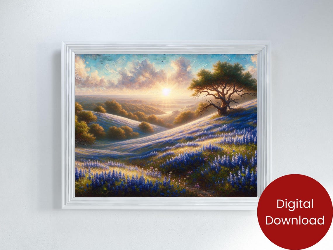 Texas Bluebonnet Hillside Morning Sunrise Wildflower Field Poster - Image 2
