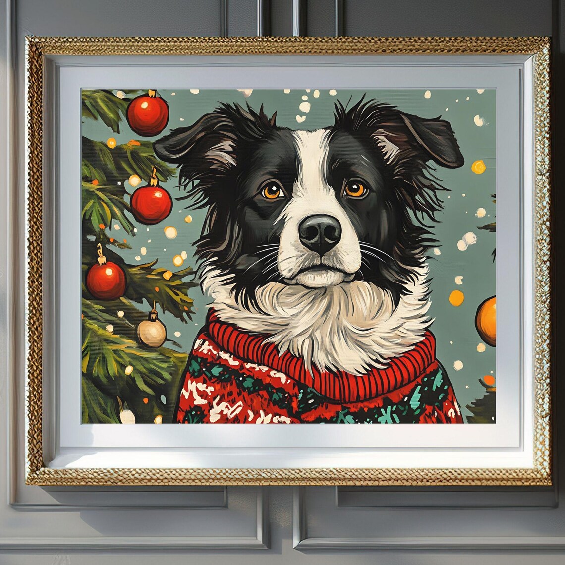 Border Collie Christmas Sweater Sage Snow Ornament Art Poster