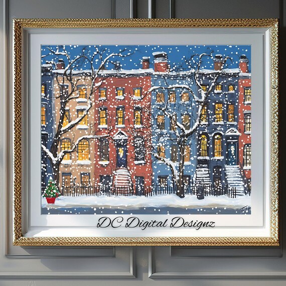 Winter Brownstone Street Snowfall Trees Christmas Tree Poster