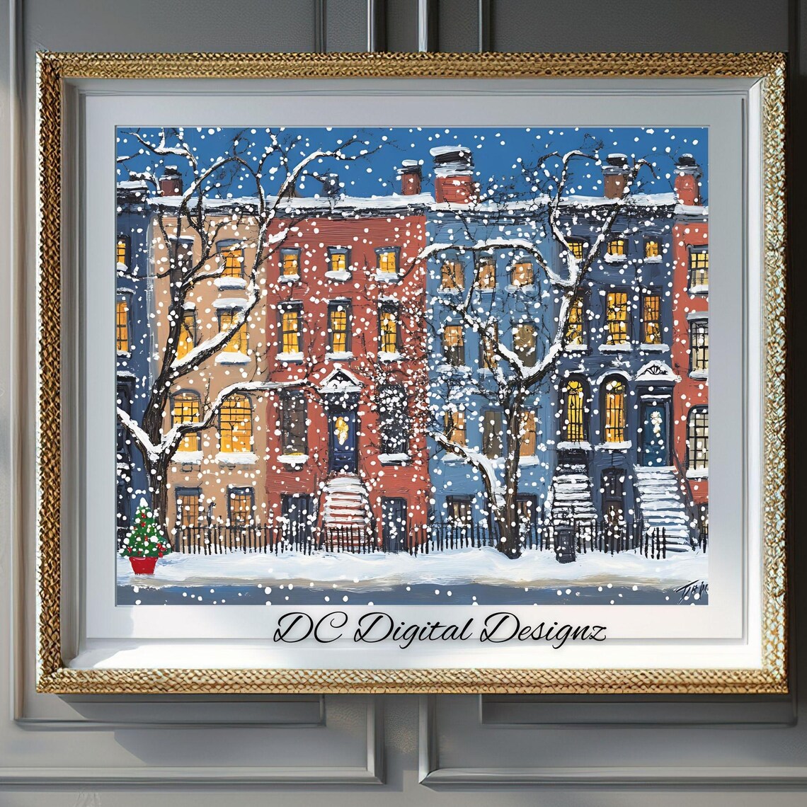 Winter Brownstone Street Snowfall Trees Christmas Tree Poster