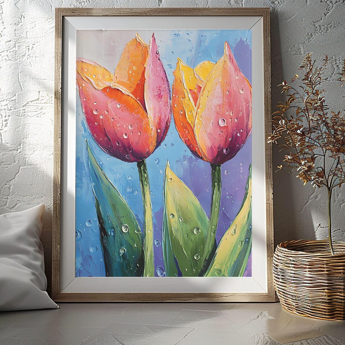 Pink Orange Tulips Water Droplets Impasto Oil Painting Floral Poster