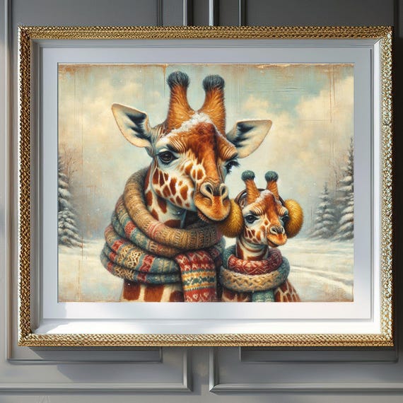 Christmas Wall Art Winter Giraffe Art Cute Giraffe Illustration Christmas Wall Decor Winter Safari