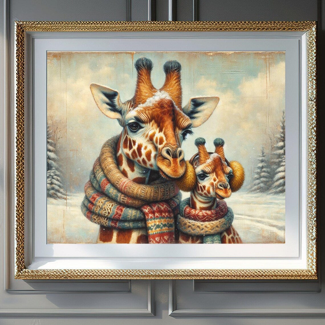 Giraffe Mother Baby Winter Scarves Earmuffs Snowy Day Animal Poster