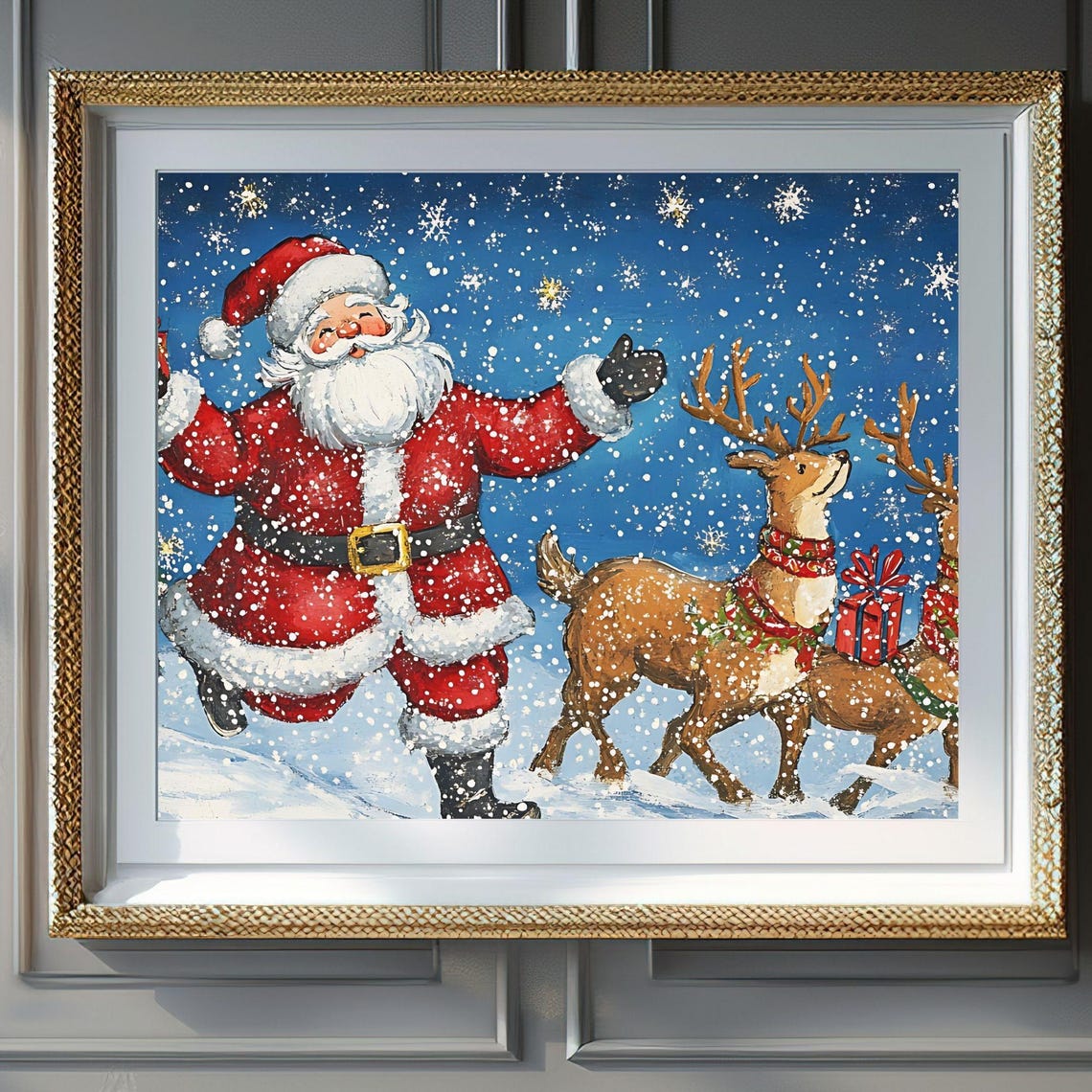 Joyful Dancing Santa Claus Reindeer Snowfall Christmas Poster