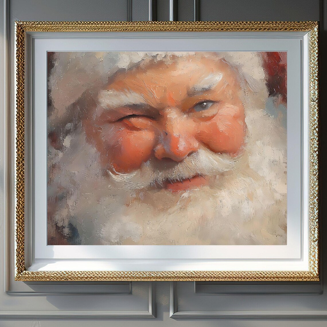 Winking Santa Claus Face Close-Up Oil Painting Holiday Wall Art