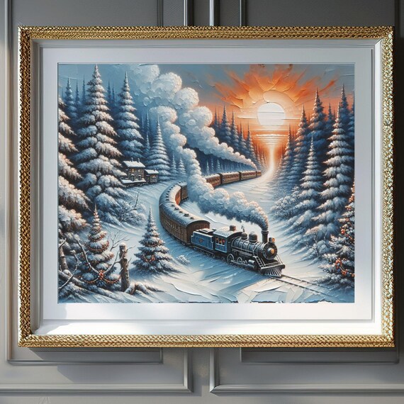 Vintage Steam Train Winter Railroad Sunset Snowy Pines Painting Poster