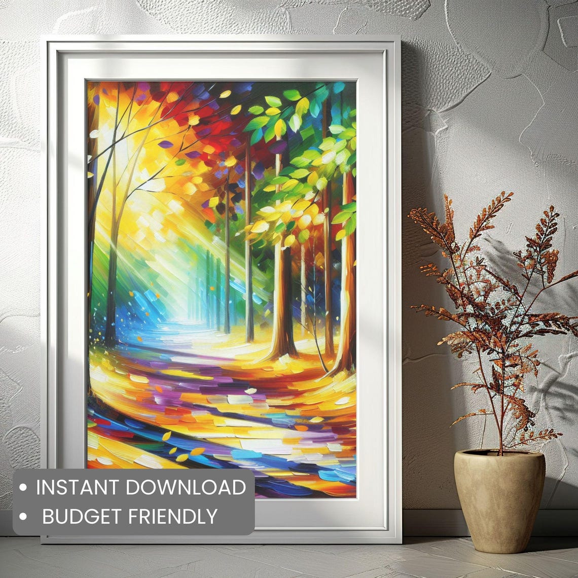 Rainbow Forest Path Sunbeams Colorful Trees Fantasy Art Poster - Image 2