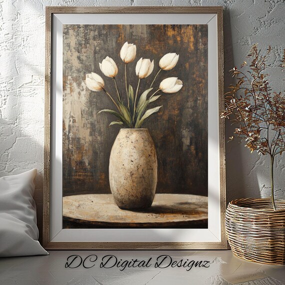 White Tulips in Stoneware Vase Rustic Farmhouse Floral Poster