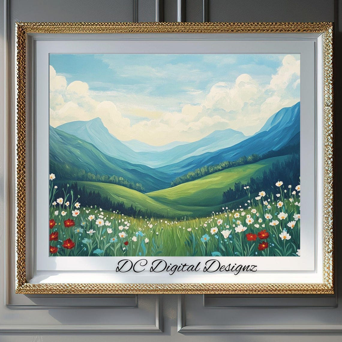 Rolling Green Hills Wildflower Meadow Daisies Blue Mountains Poster