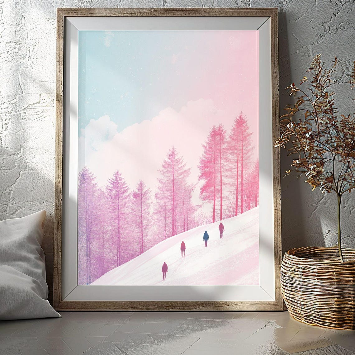 Pink Pastel Winter Forest with Hikers on a Snowy Hillside Poster