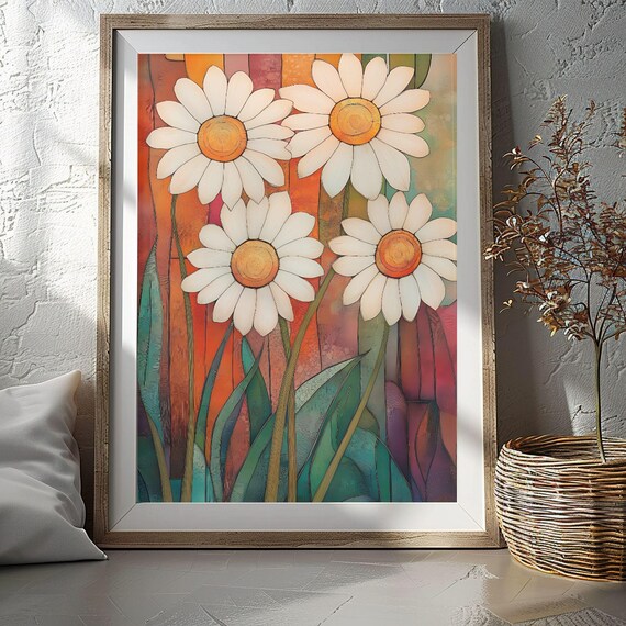 Colorful Abstract Daisy Flowers Modern Botanical Wall Decor Poster