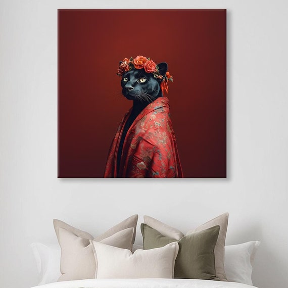 Maximalist Eclectic Fashionista Panther Print Bold Altered Animal Portrait Fantasy Fun Colorful Flowery Rustic Vintage Floral Art