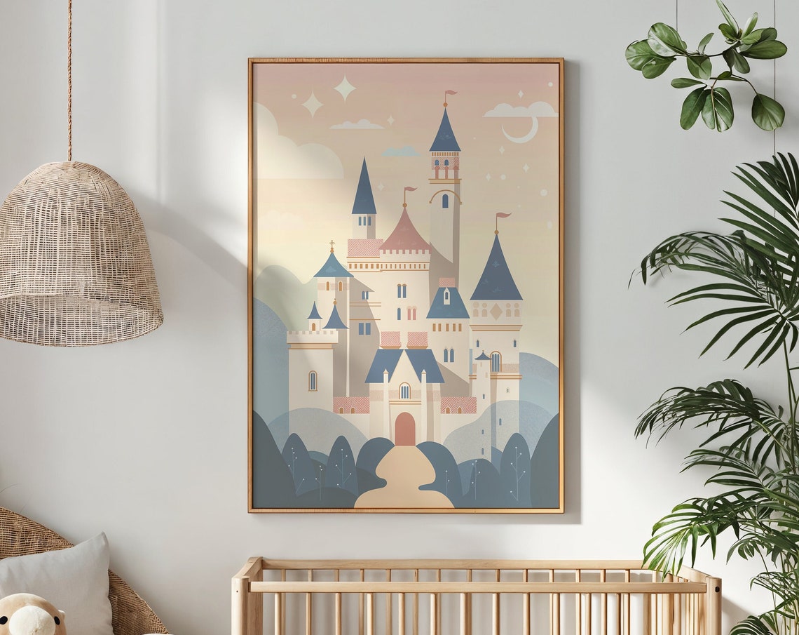 Pastel Fairytale Castle Blue Pink Turrets Crescent Moon Nursery Poster