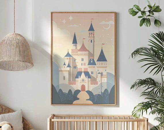 Fairytale Castle Print Nursery Wall Art Kids Room Decor Whimsical Storybook Poster Pastel Color Decor Gift