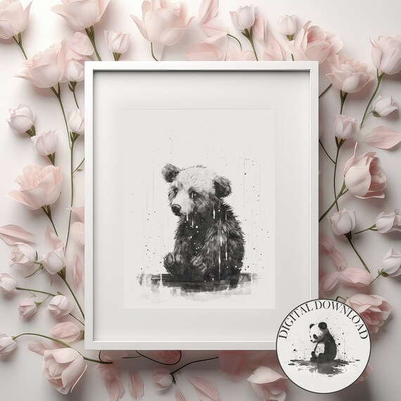 Brown Bear In The Rain Cute Illustration Infant Nursary Decor Ink Drawing Art
