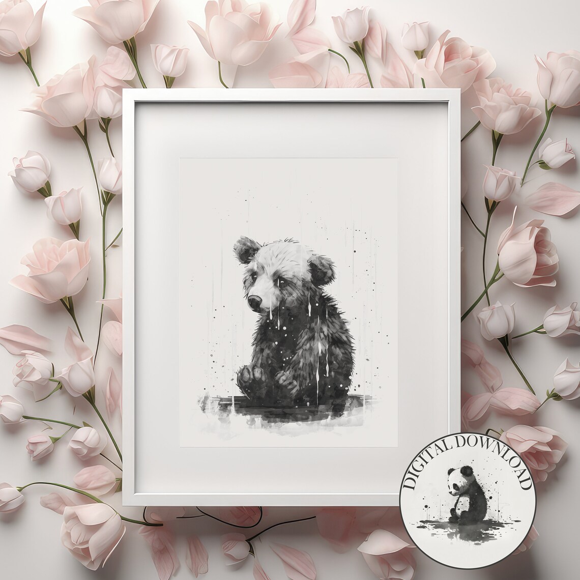 Brown Bear In The Rain Cute Illustration Infant Nursary Decor Ink Drawing Art
