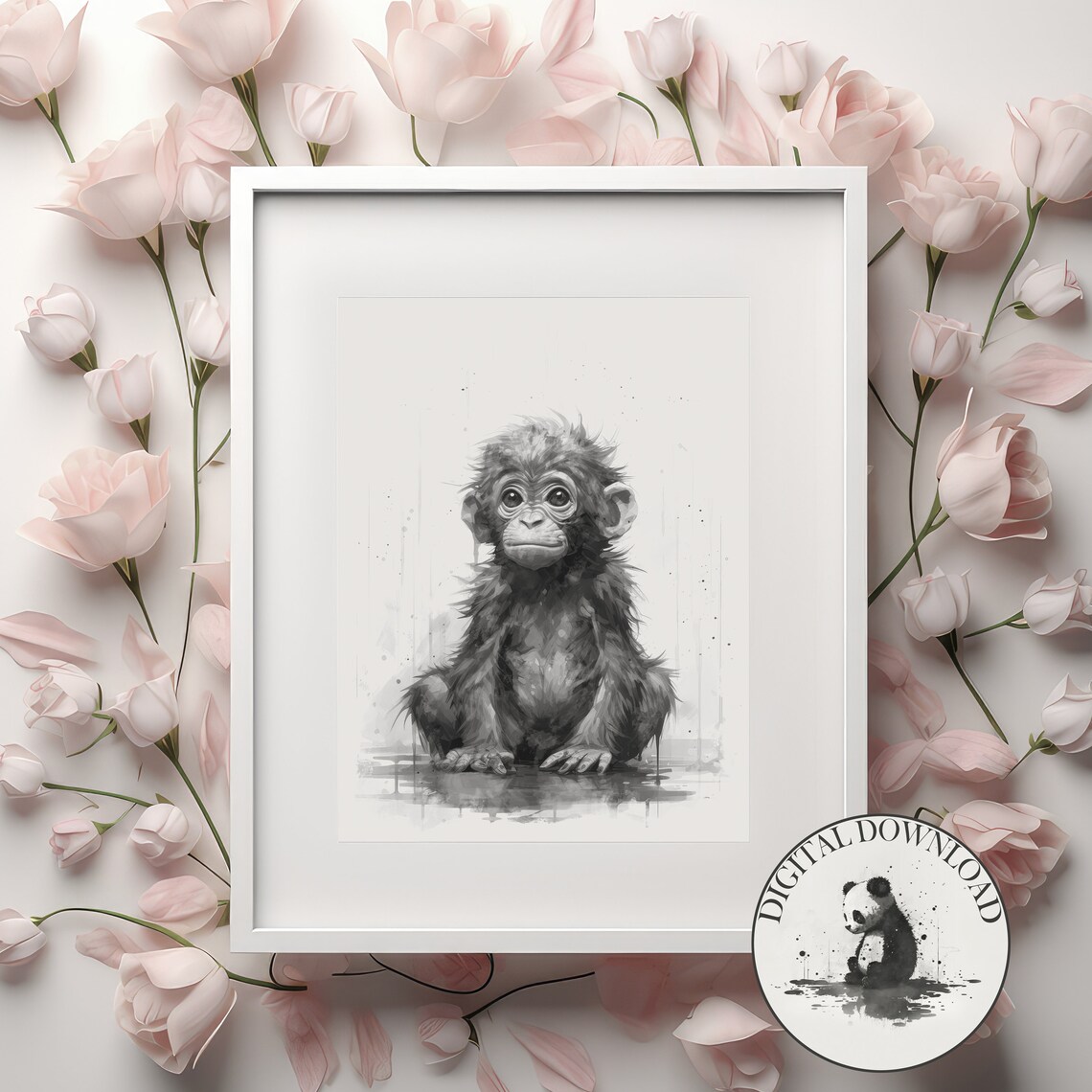 Chimpanzee Infant Nursery Decor Ink Drawing Art Print
