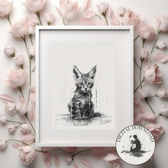 Baby Caracal In The Rain Cute Illustration Infant Nursary Decorink Drawing Art