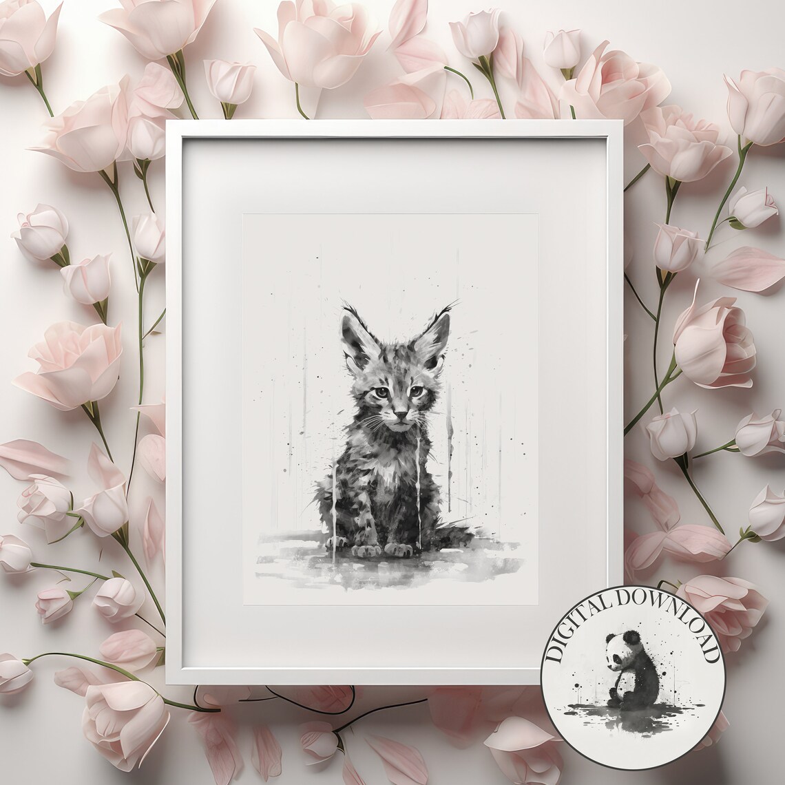 Baby Caracal Kitten Sitting in the Rain Black Ink Watercolor Poster