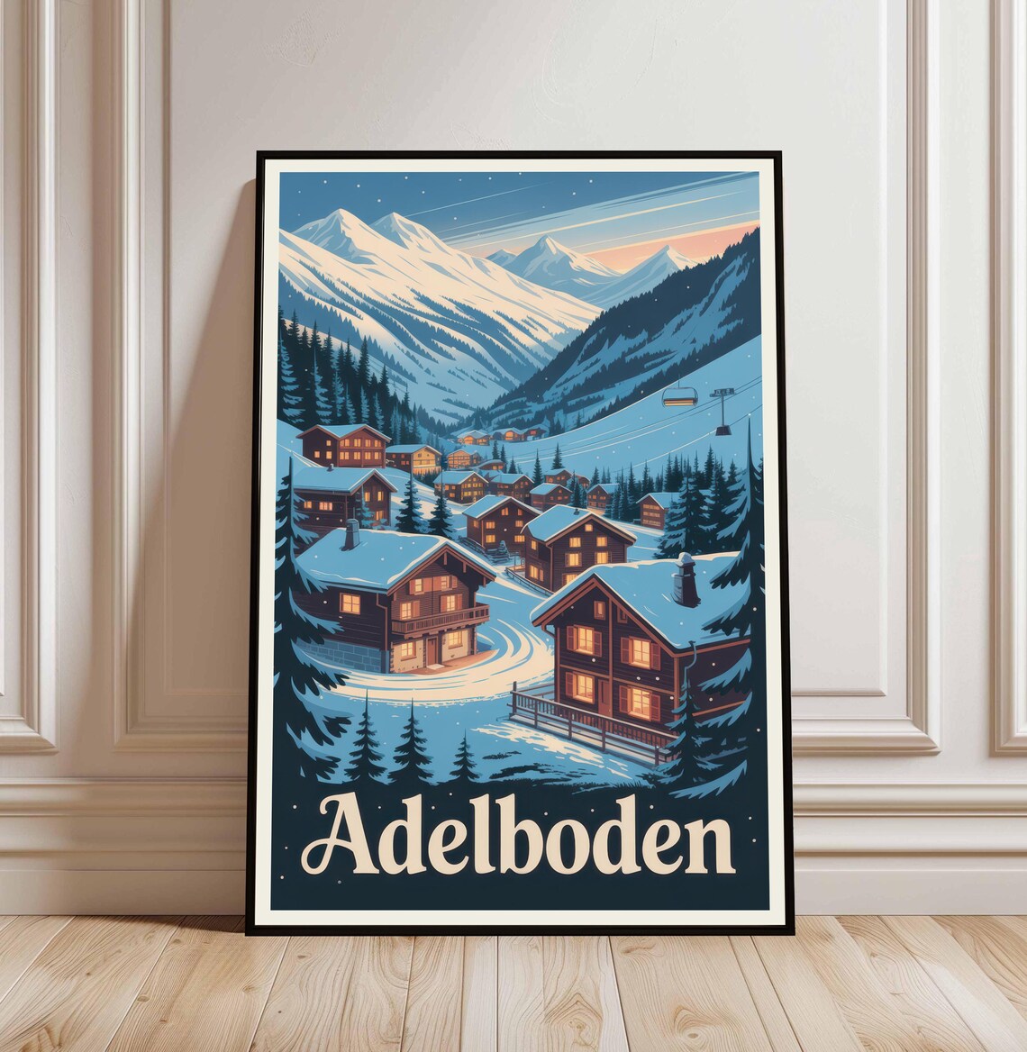 Adelboden Switzerland Alpine Village Snowy Evening Travel Poster