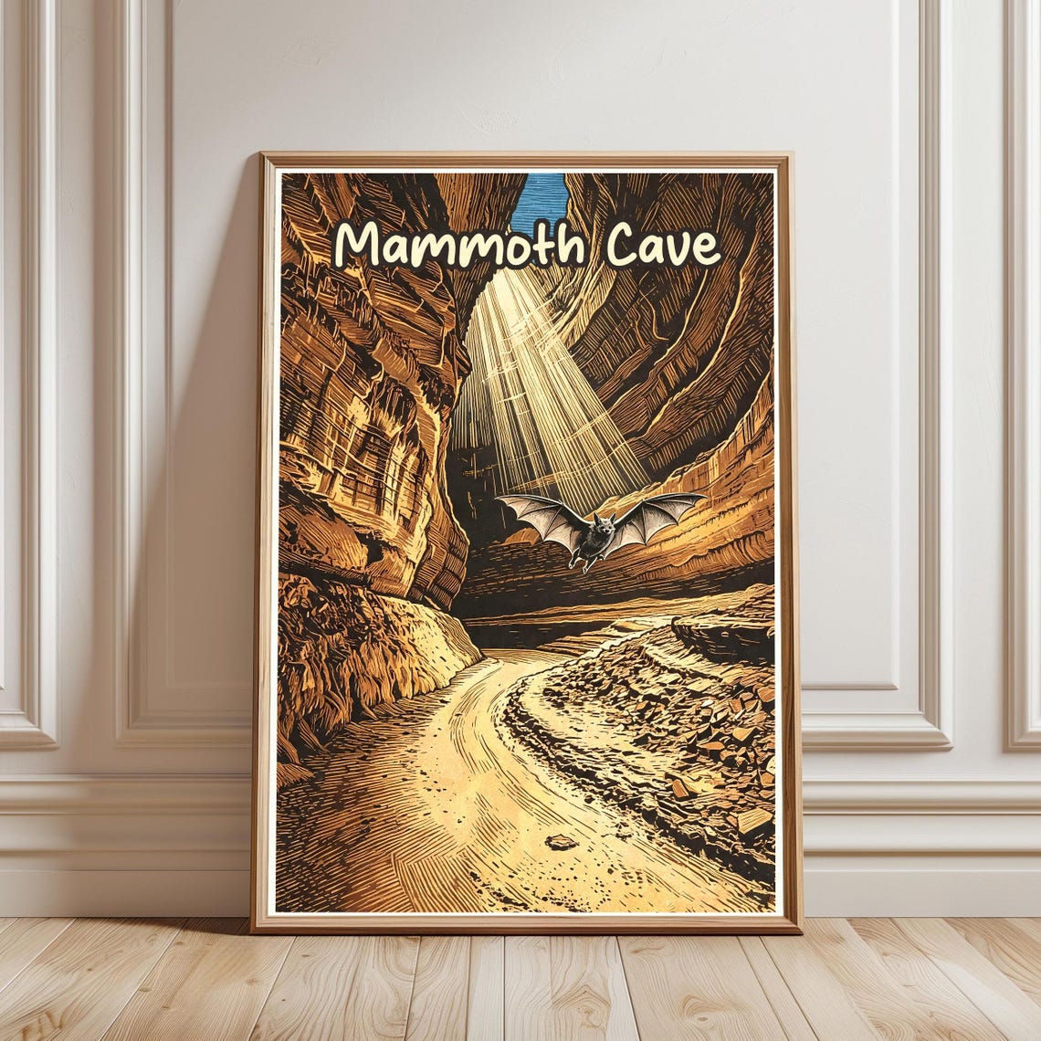 Mammoth Cave Bat Flying Through Cavern Light Vintage Travel Poster